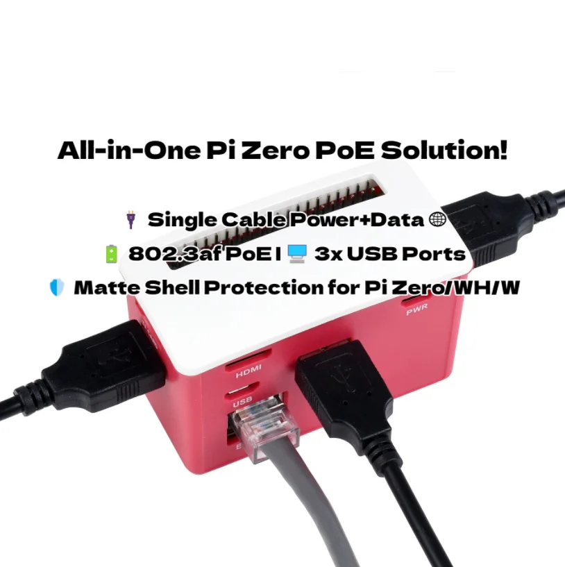 Raspberry Pi Zero PoE Case Kit with Ethernet & USB Hub - 802.3af Compliant, 3-Port USB 2.0, ABS Matte Shell for Pi Zero/WH/W