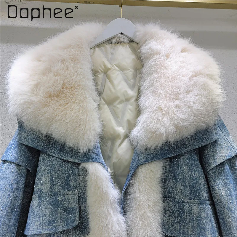 

Imitation Fox Fur Collar Coat Women Heavy-duty Rhinestone Sequin Patchwork Thickened Warm Parka Down Jacket Trendy Short Coat