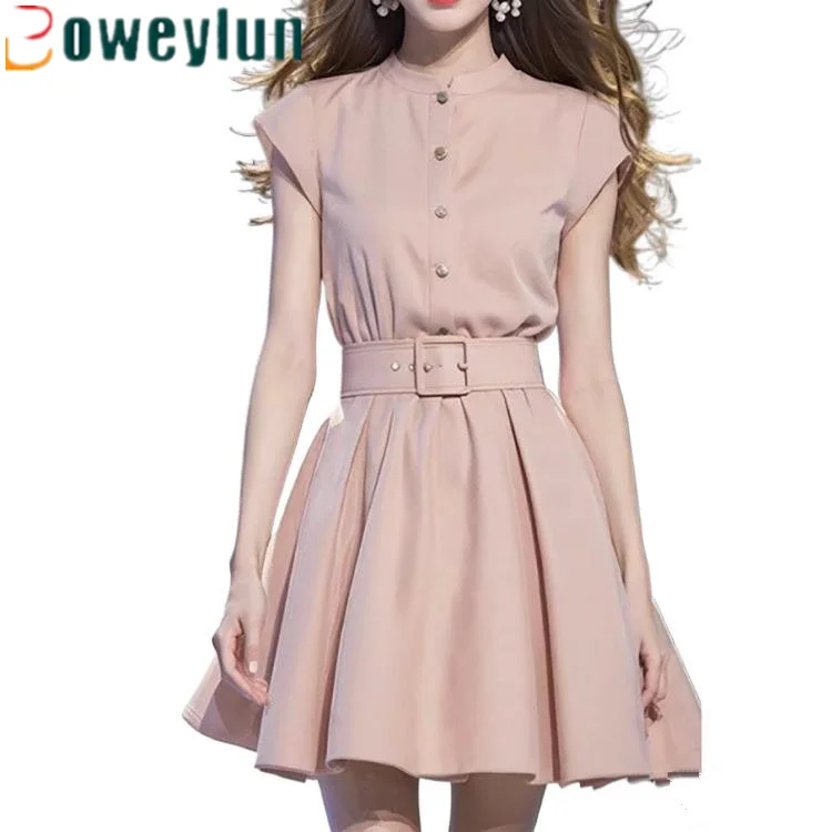 Boweylun neue rosa Rundhals ausschnitt Kurzarm Kleid Frauen Sommer Einreiher Bund A-Linie Prinzessin Kleider Mädchen