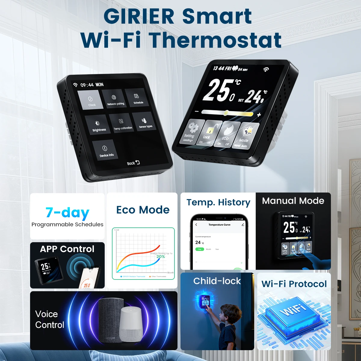 GIRIER Smart Thermostat WiFi Programmable Temperature Controller for Water/Gas Bolier Electric Heating System Works with Alexa
