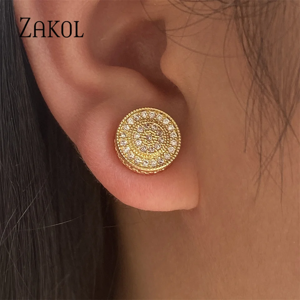 ZAKOL Exquisite Round Micro inlay Zircon Stud Earrings for Women Fashion Geometric Full CZ Earring Wedding Party Jewelry