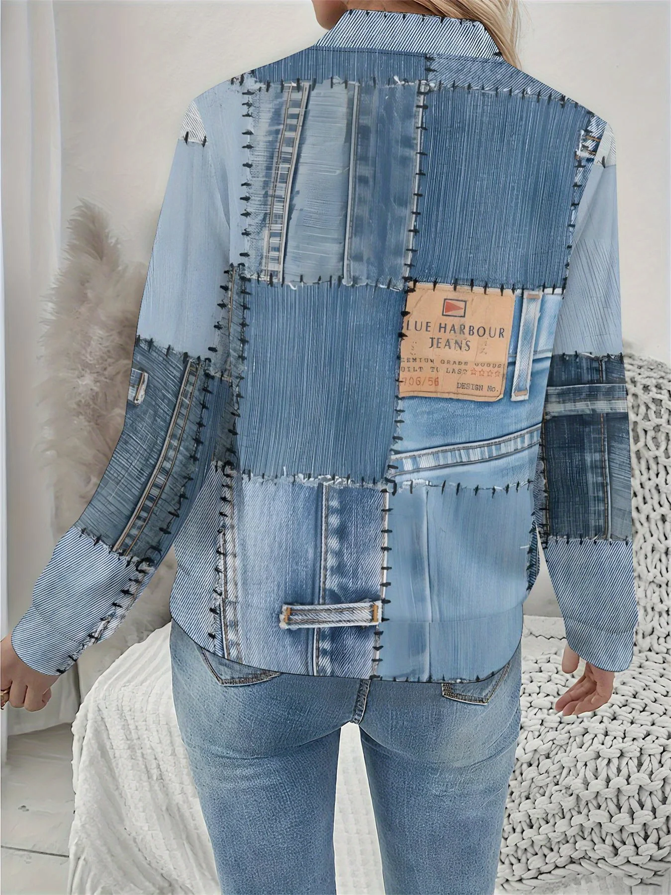 2025 Fashion Women's Faux Denim Jacket, Elegant Patchwork Print, Casual Party Wear, Vintage Inspired Design Not Denim
