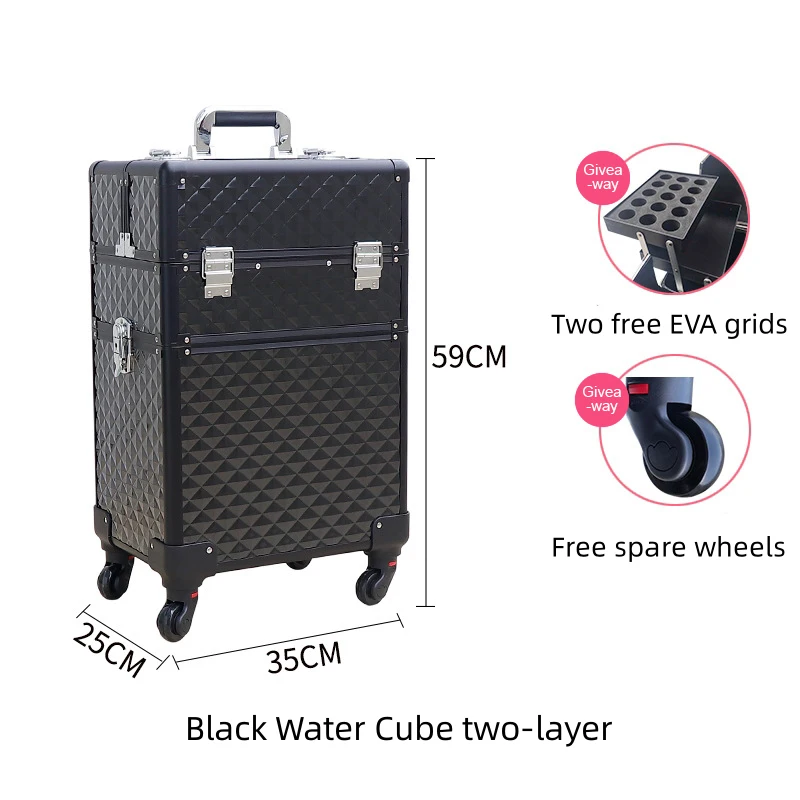 Large Aluminum Cosmetic Trolley Case with Lock Rolling Nail Polish Storage Train Case Travel Makeup Organizer Wheeled Beauty