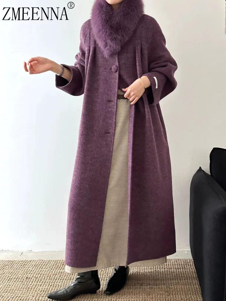 ZMEENNA Damen Wollmantel Luxus Kunstpelzkragen Einreiher Langer Mantel Eleganter Winter Warme Oberbekleidung ZM4536