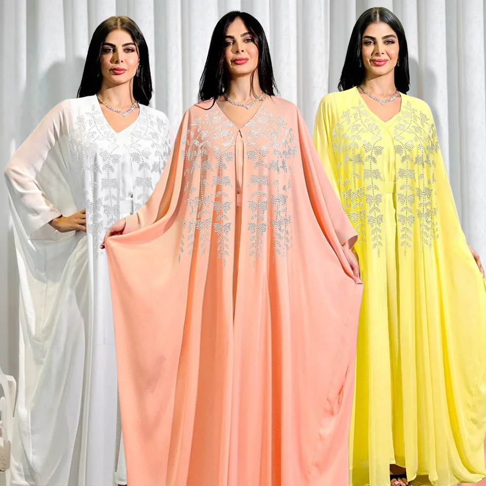 

Morocco Diamonds Chiffon Abaya Kimono inner dress Set Dubai Muslim Cardigan Abayas Women Turkey Kaftan Robe female Islam Clothes