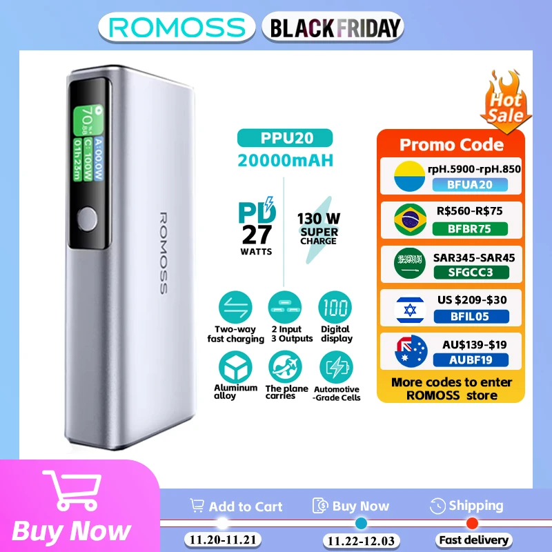 ROMOSS  PPU20 PD 130W Fast Charging Power Bank 20000mah  Portable External Battery Powerbank for iPhone   Xiaomi HUAWEI