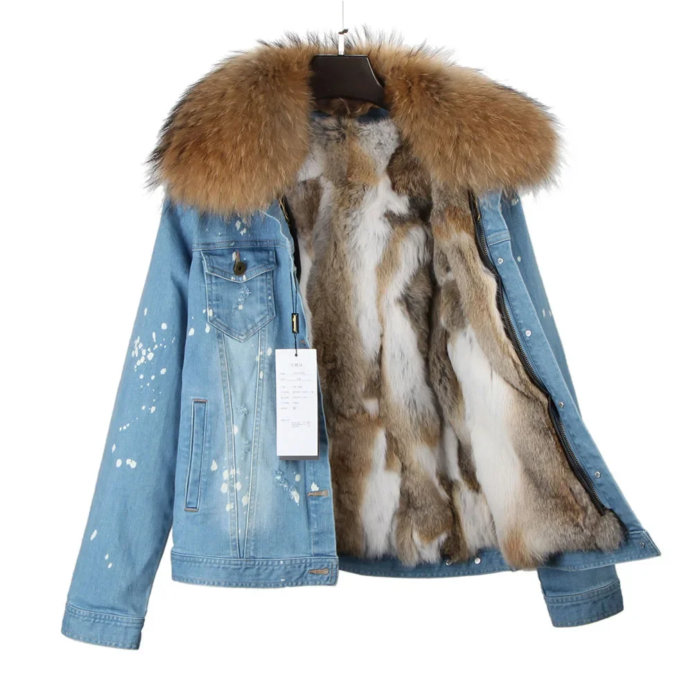 fall winter womens clothings college jacket denim parka fox fur coat with rabbit fur lining plus size fur overcoat