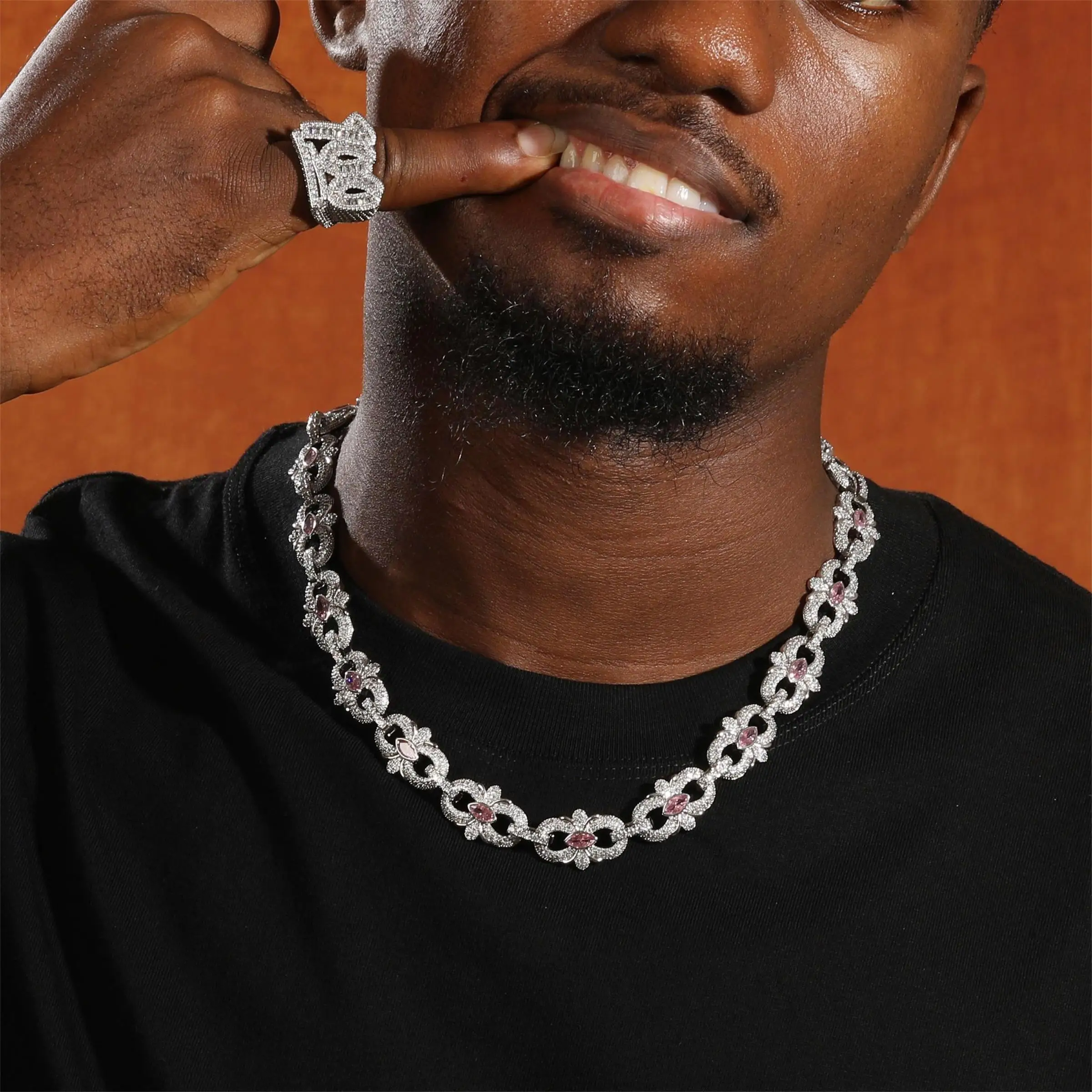 Uwin Pink Blue Marquise Cross Floral Infiniyi Link Chain Necklace Iced Out Cubic Zircon Bracelet Charm Hiphop Jewelry