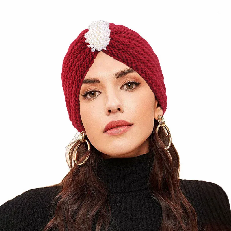 Women Bohemian Style Warm Winter Autumn Pearls Knitted Cap Fashion Soft Hair Accessories Turban Solid Color Female Muslim Hat