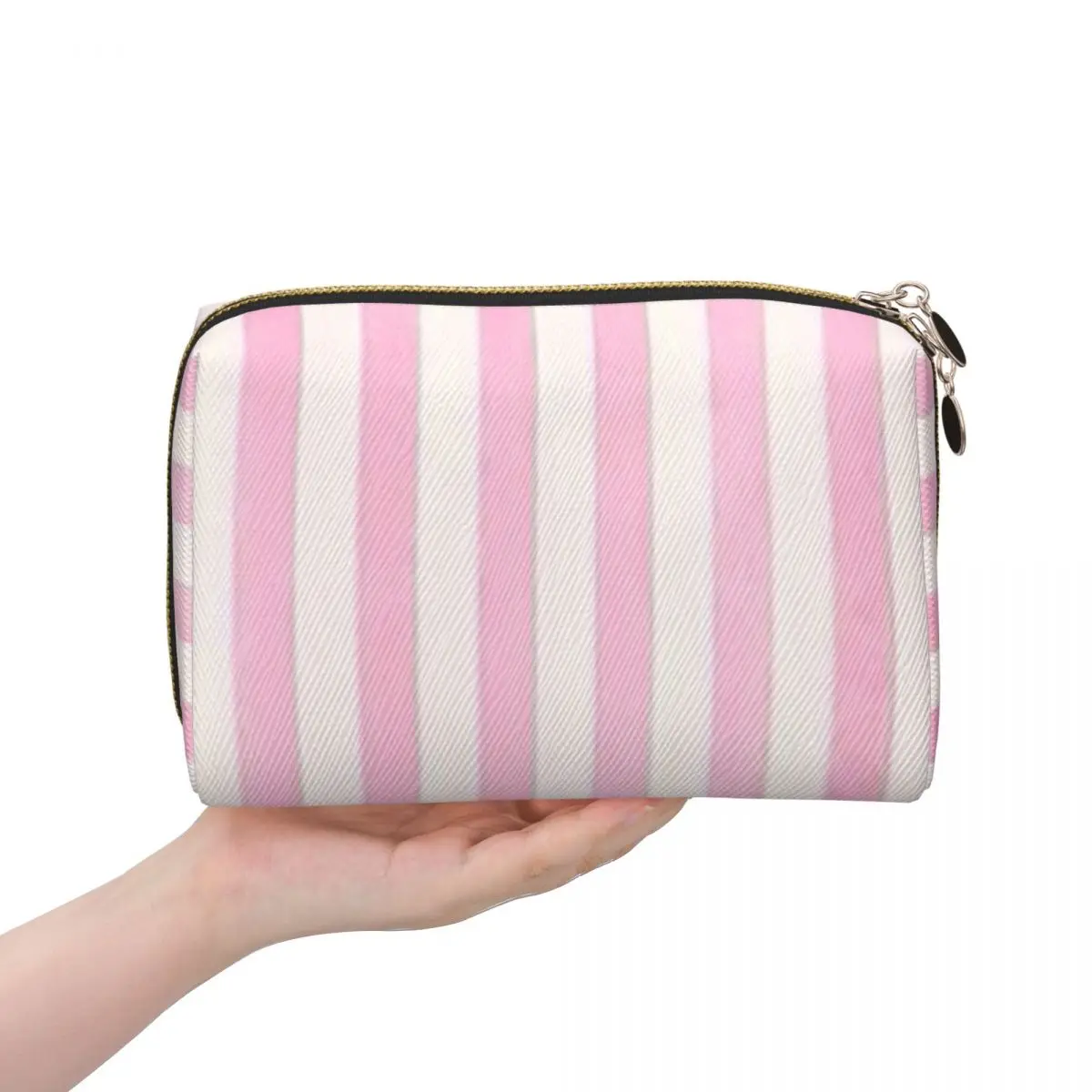 Pale Pink White Stripes Women Cosmetic Bags Travel Makeup Organizer Pouch Toiletry Storage Dopp Kit Box