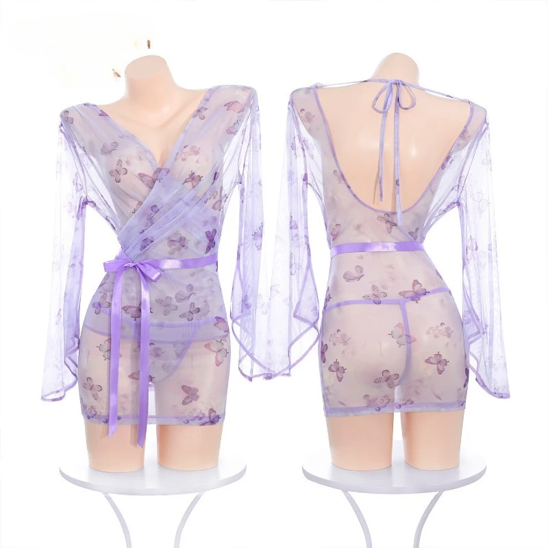 Kimono Jepang Seksi Model Jubah Mandi Gaya Liburan Yukata Seragam Perspektif Cetak Kupu-kupu Pakaian Dalam Erotis Jubah Pendek