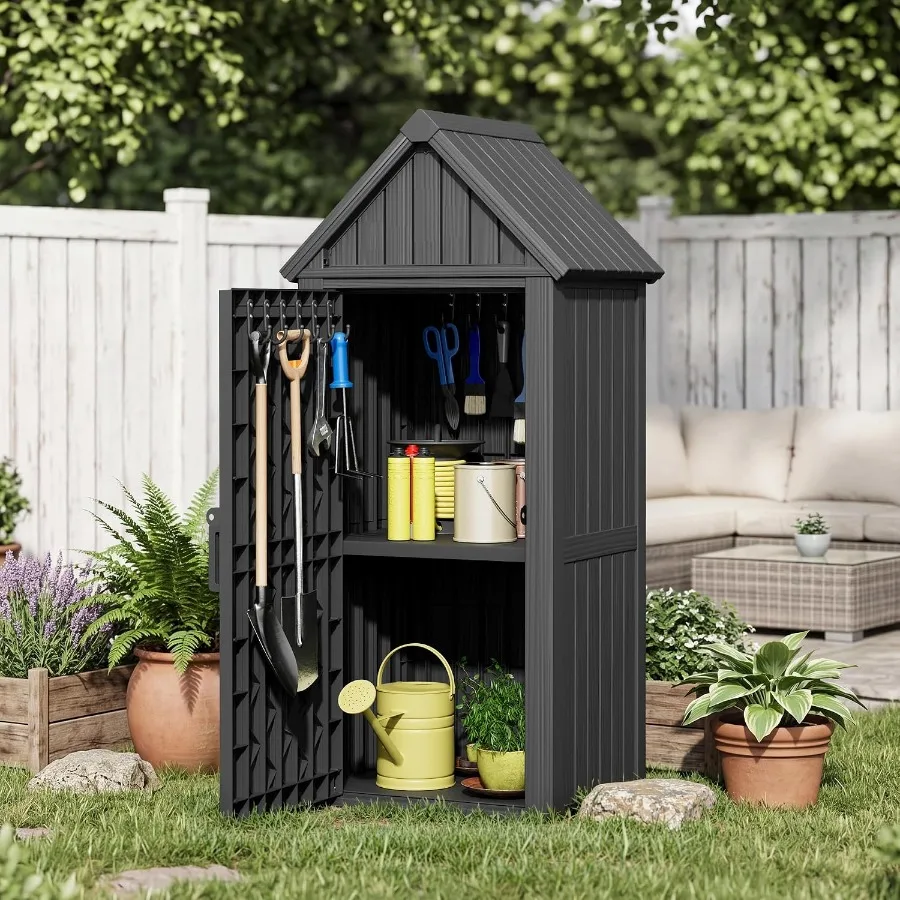 Outdoor resin storage cabinet for garden patio lawn use: weatherproof, gray, reinforced floor and lock ring with removable shel