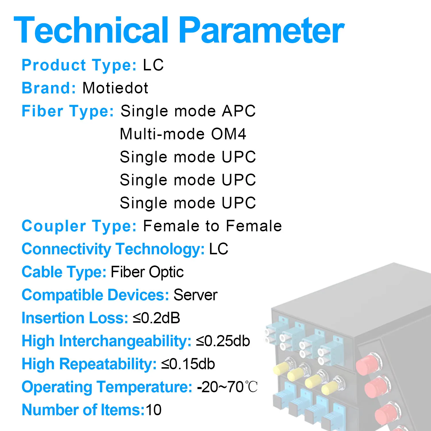 10 Pcs LC to LC UPC/APC/OM4 Couplers, Duplex Fiber Optical Adapters Simplex Cable Connectors SM MM Fiber Flange Ftth