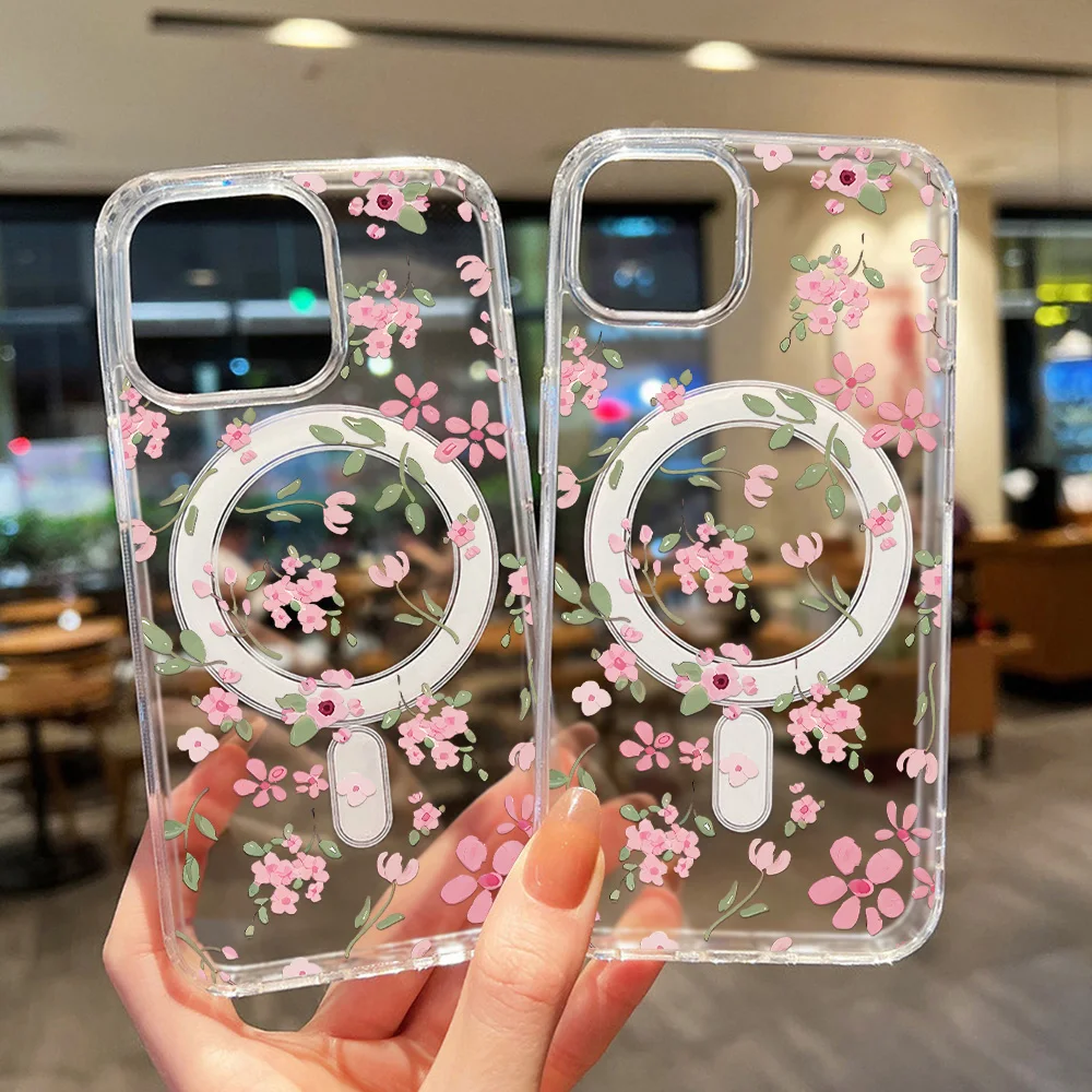 Pink Flower Phone Case For iPhone 17 Pro Max Case iPhone 16 13 15 11 12 14 Pro Max 17 Air For Magsafe Magnetic Clear Cover Funda