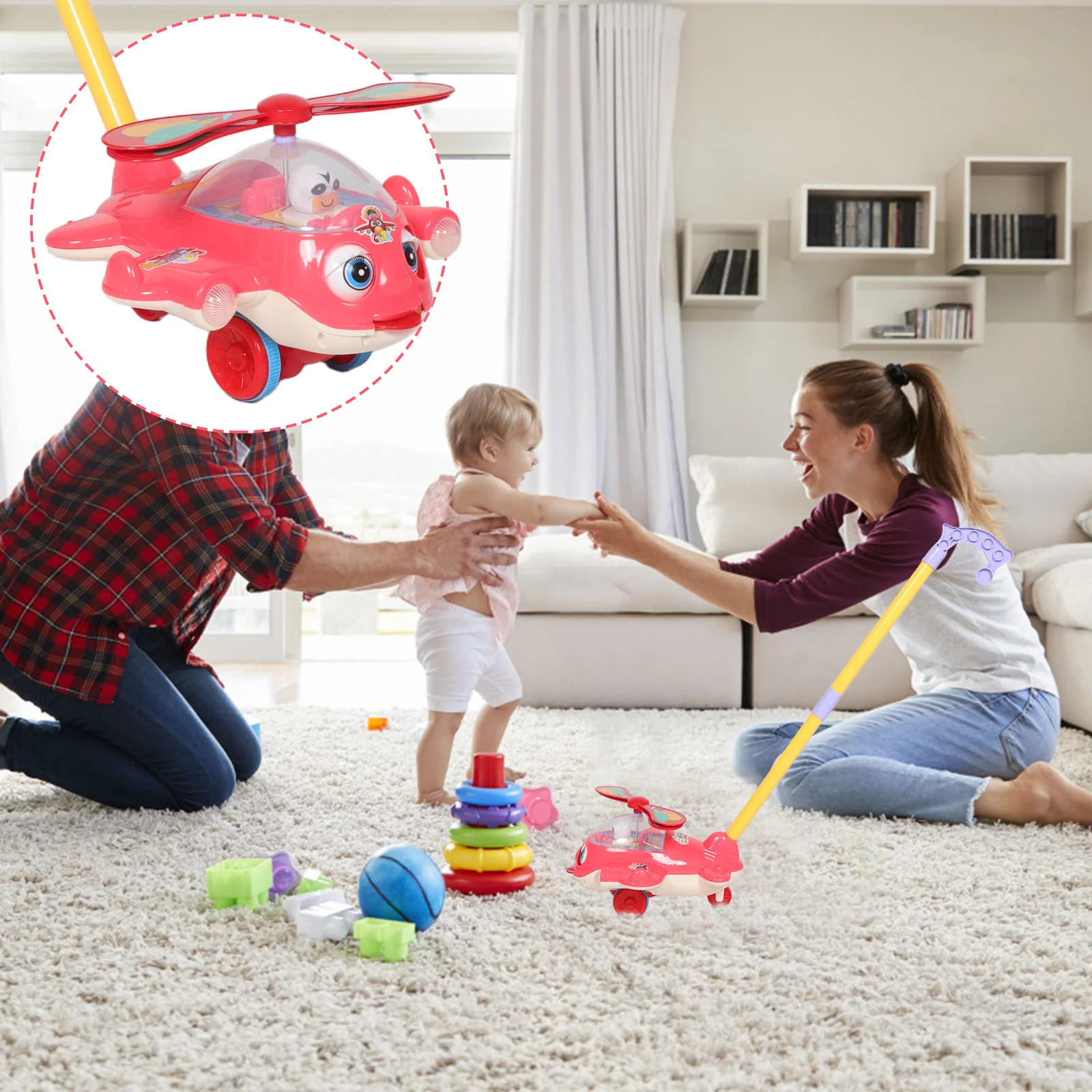 

Adjustable Height Toddler Push Walker Baby Single Rod Whistle Learning Cart Montessori Grocery Shopping Activity for Boys Girls