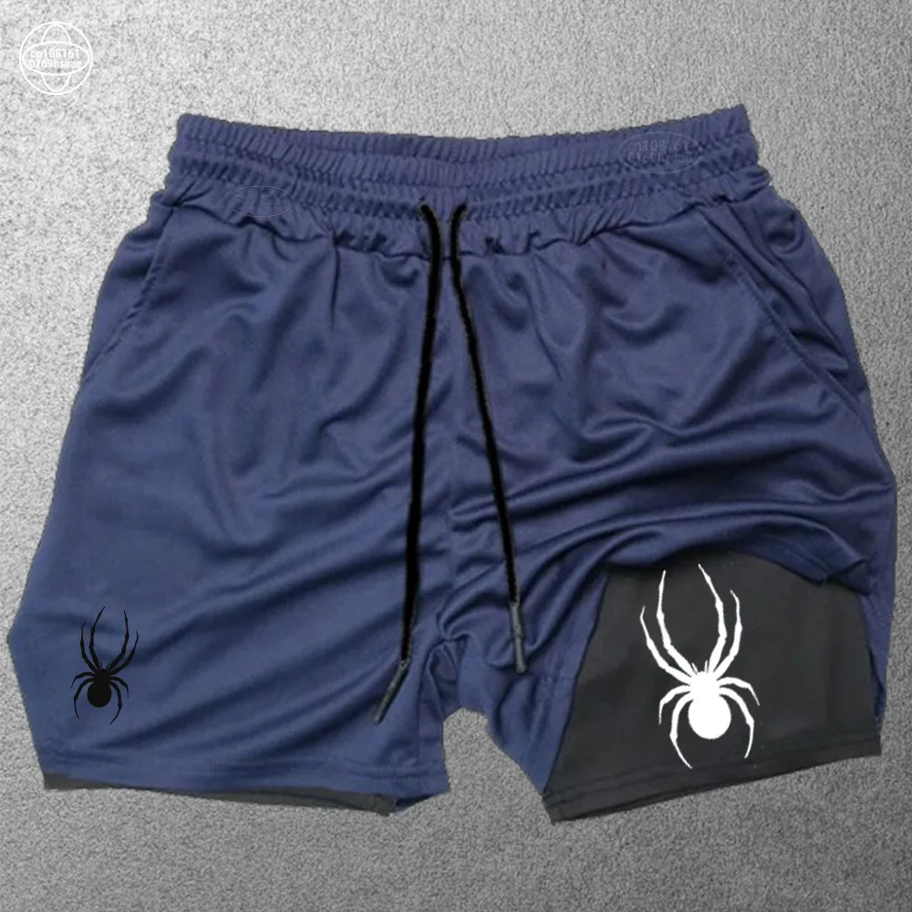 Spider Print Running Shorts Men Gym Sports Shorts 2 In 1 Quick Dry Workout Training Gym Fitness Jogging Short Pants Summer