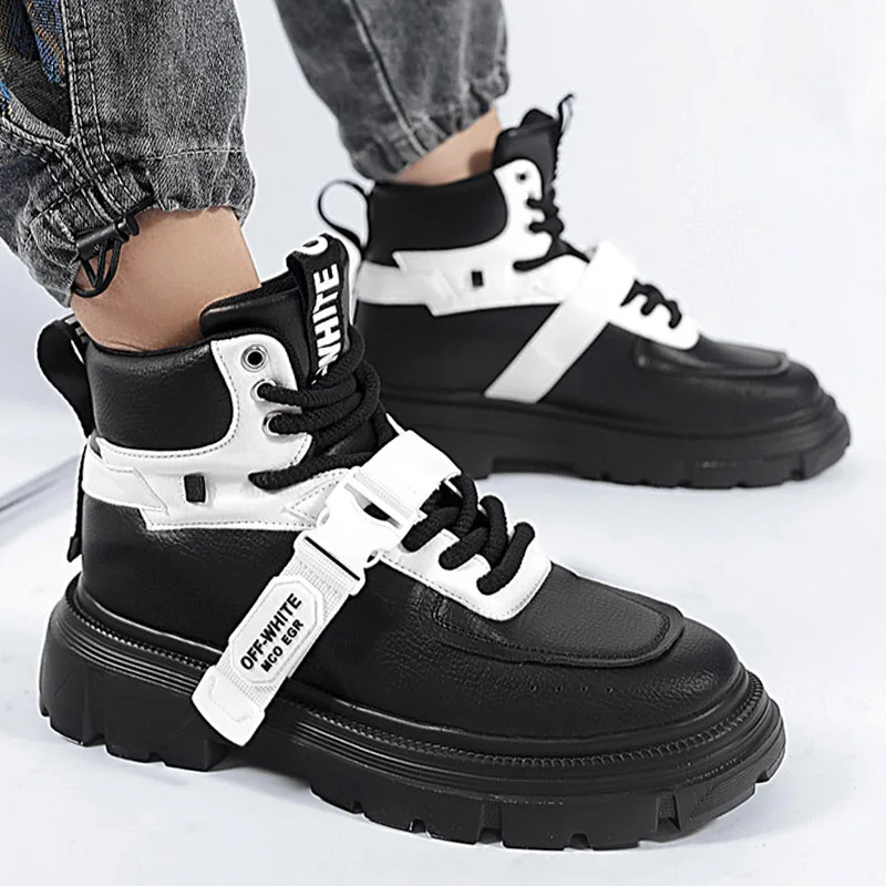 

Men Platform Ankle Boots Fashion Personalized Buckle Design Shoes Brand High Quality Motorcycle Boot Lace Up Casual Outdoor Shoe