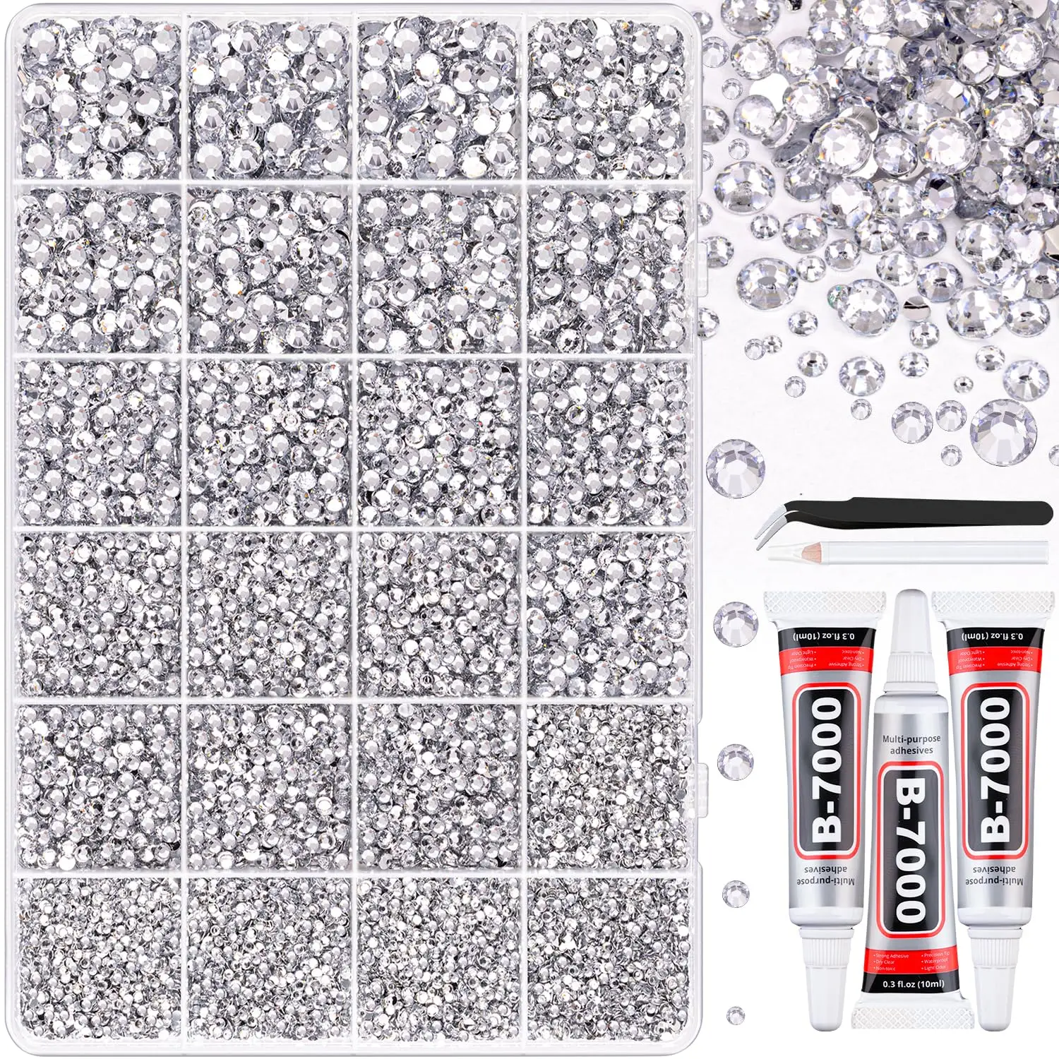 

32000Pcs Silver Clear Rhinestones for Bedazzling, Flatback Gems with B7000 Glue for Crafts