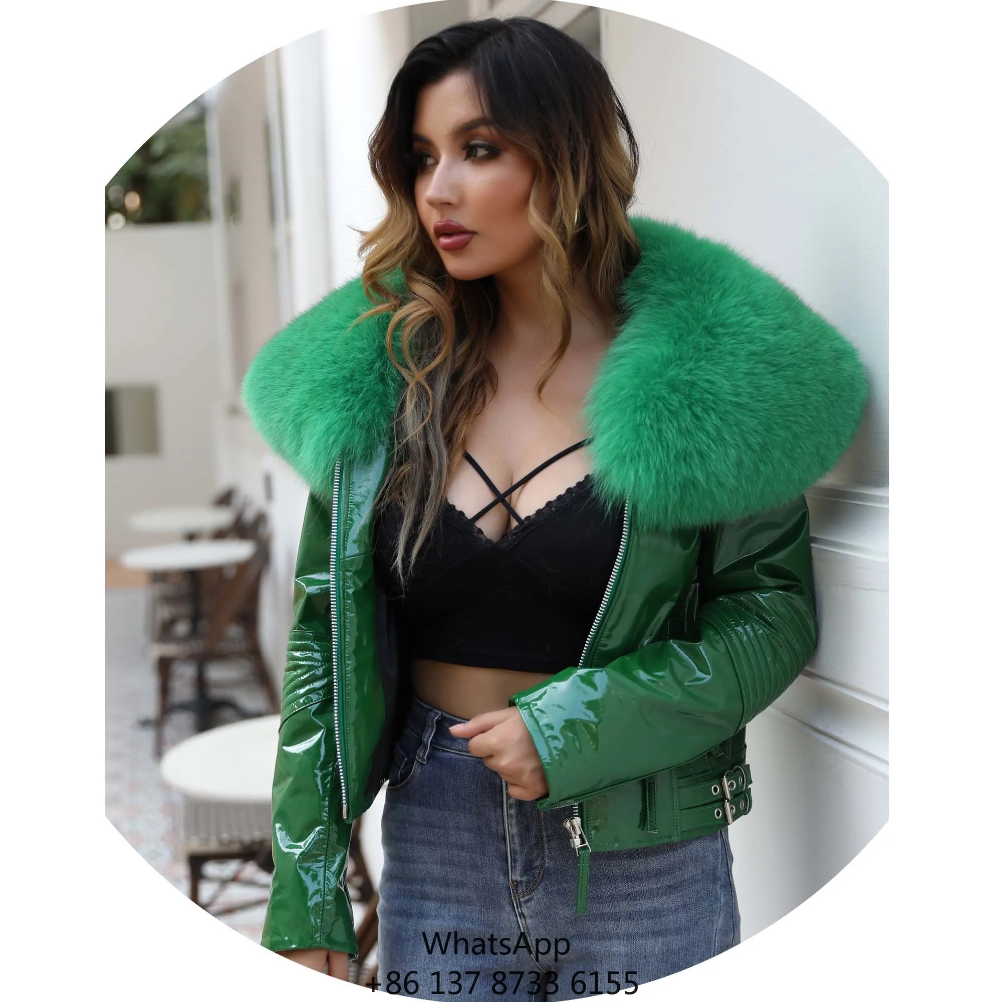 Wholesale Short Women Genuine Leather Real Fox Fur Collar Leather Jacket Women