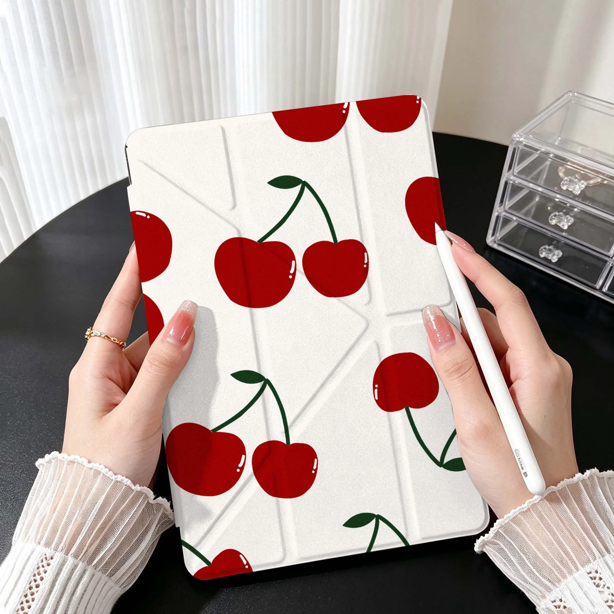 Red Cherry Pattern Case For Samsung Galaxy Tab A9 A8 A11 S6 S7 S8 S9 S10 FE Plus Lite Transparent Y-Shaped Folding Tablet