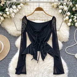 Elegant Square Neck Vintage Long Sleeve Chic Hollow Out Bandage Slim Mesh Top Korean High Street Streetwear Autumn Winter Blouse