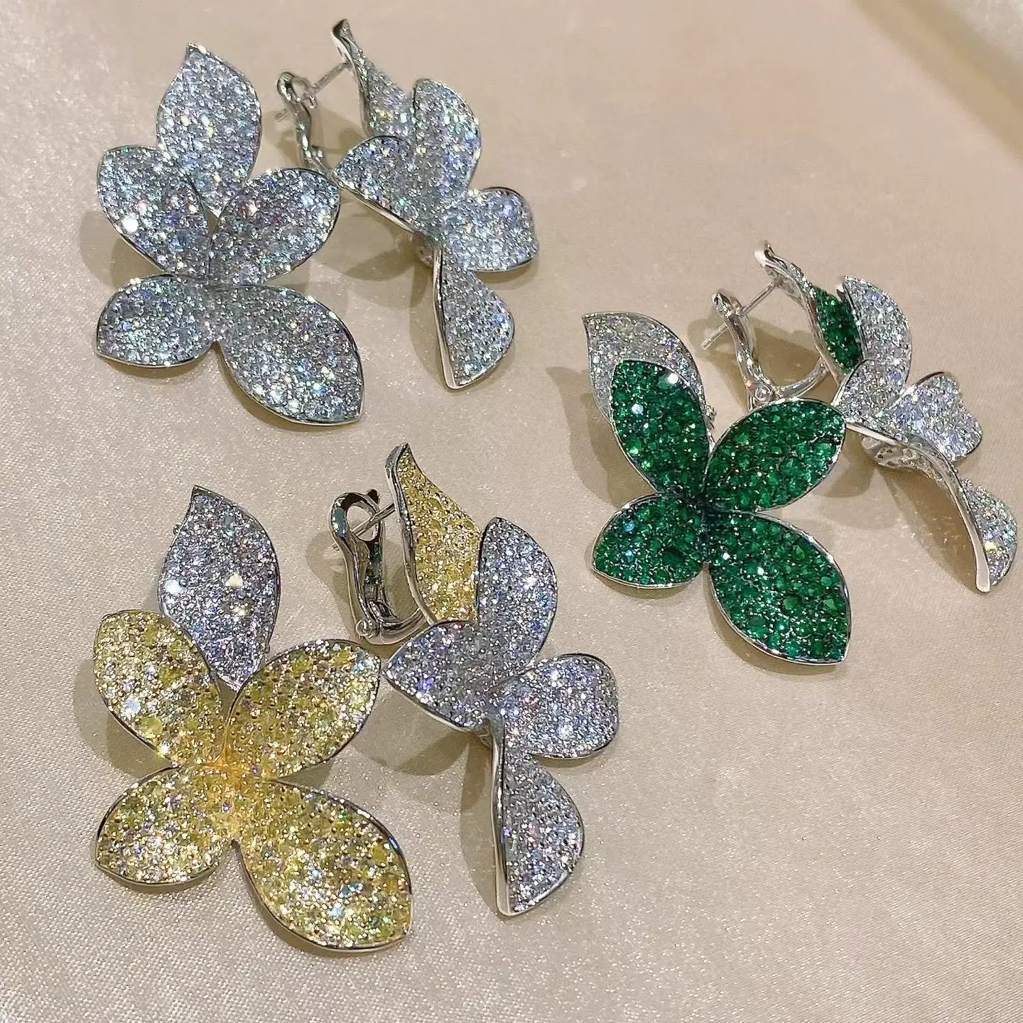 KQDANCE New Large 925 Silver Synthetic Zircon Green Yellow White Full Diamond Flower Earrings Luxury Wedding Party Jewelry