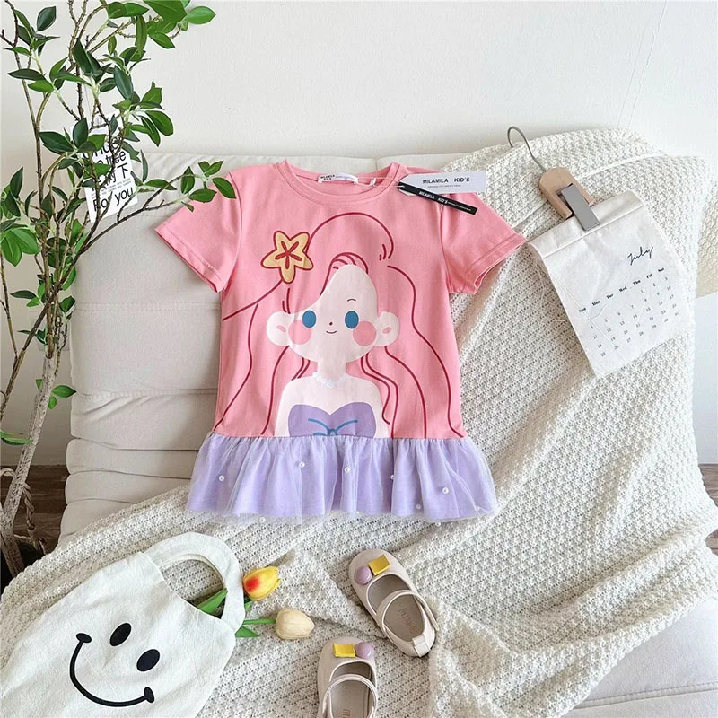 جديد فستان الأميرة الفتيات فستان الصيف قصيرة الأكمام الحلو الفتيات طباعة فستان الأطفال ملابس للحفلات الدانتيل المرقعة فساتين الاطفال