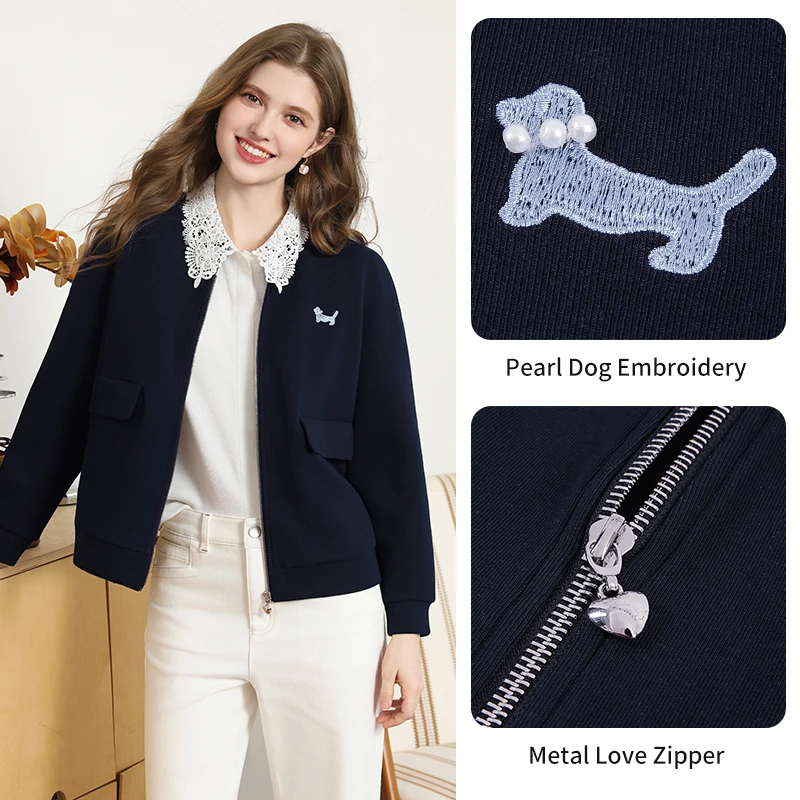 I BELIEVE YOU Navy Blue dog Embroidery Short Jacket 2026 Autumn Elegant Casual Baseball Coat love Zip Up Outerwear 2263186540
