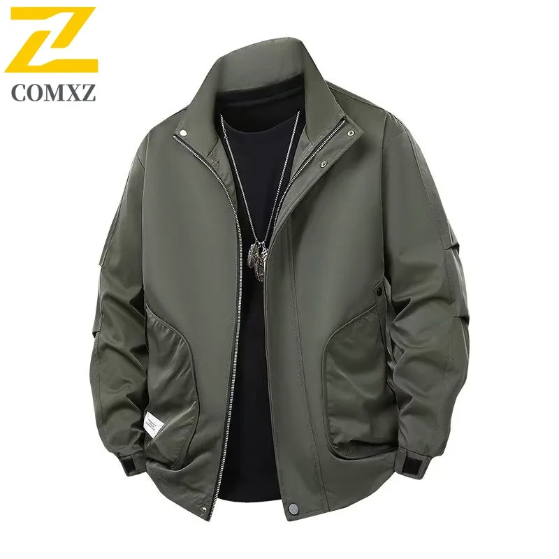 

COMXZ Men Solid Color Baseball Jacket Spring Autumn Stand Collar Casual Slim Fit Lightweight Outerwear Vintage Streetwear Coat