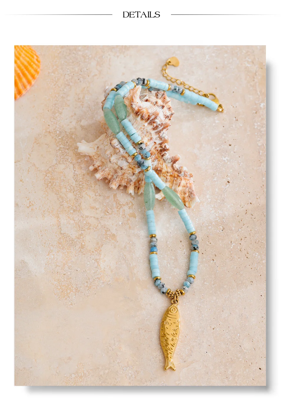 Yhpup Neue Natürliche Aventurin Stein Kette Fisch Halskette Anhänger Edelstahl Sommer Handgemachten Schmuck Geschenk Empfehlen – Detail 8