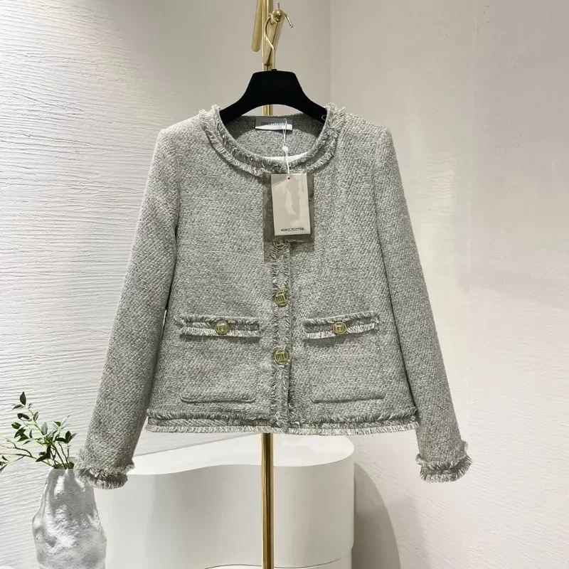 

Light Green Tassels Exquisite Sequin Button Pocket High Quality New Fashion Women 2024 Long Sleeve Tweed Jacket