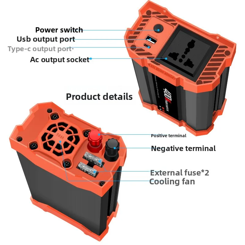 

12V/24V To 110V/220V Outdoor Inverter with External Fuse, 400W Full Power Car Inverter