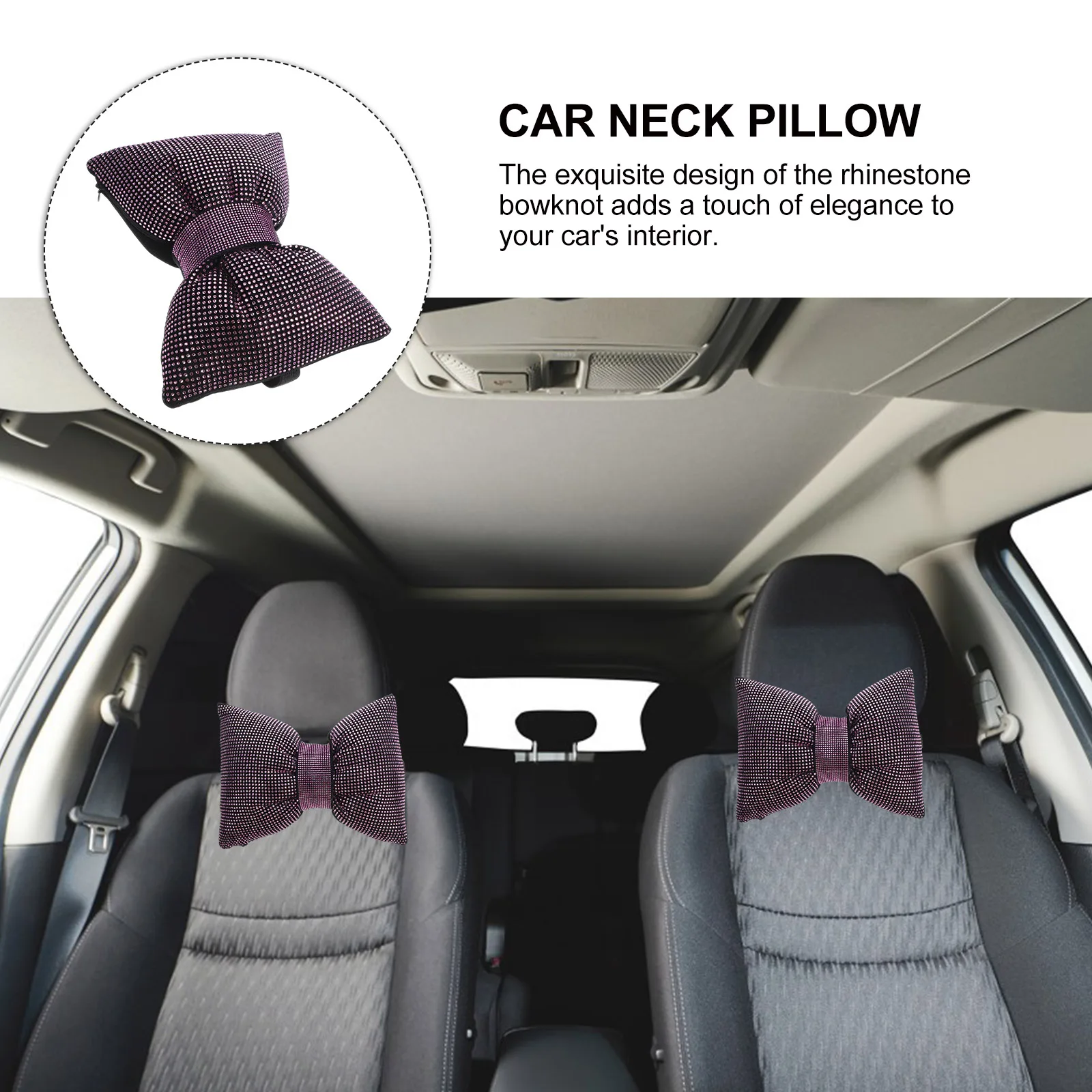 

Rhinestone Bow Headrest Pink Neck Pillow Driving Cervical Support Adjustable Straps Easy Cleaning Car Seat Accessories Car