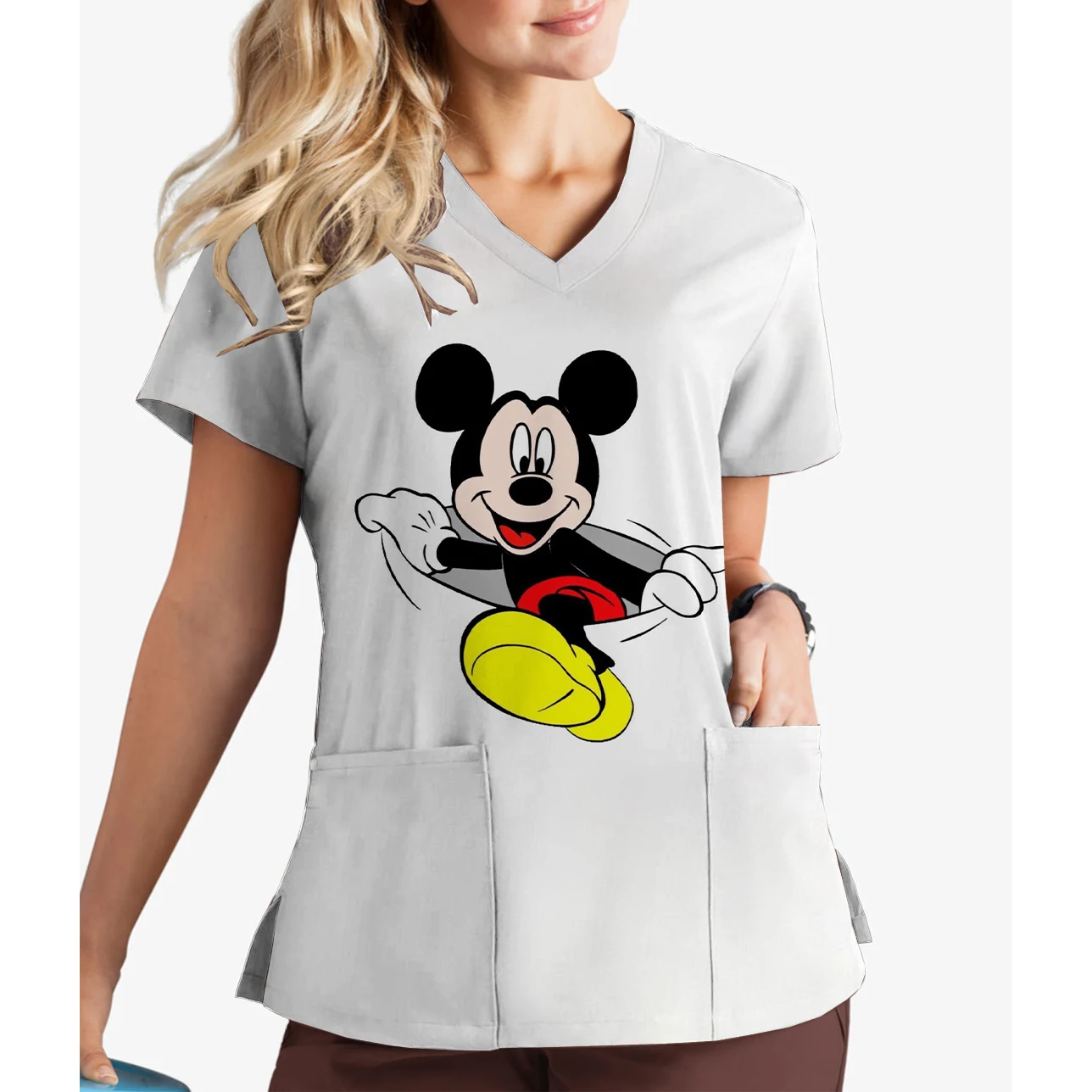 الأكثر مبيعاً الصيف المرأة الحيوانات الأليفة طبيب الطبية الخامس الرقبة زي العمل ديزني ميكي ميني طباعة متجمد قصيرة الأكمام ممرضة موحدة