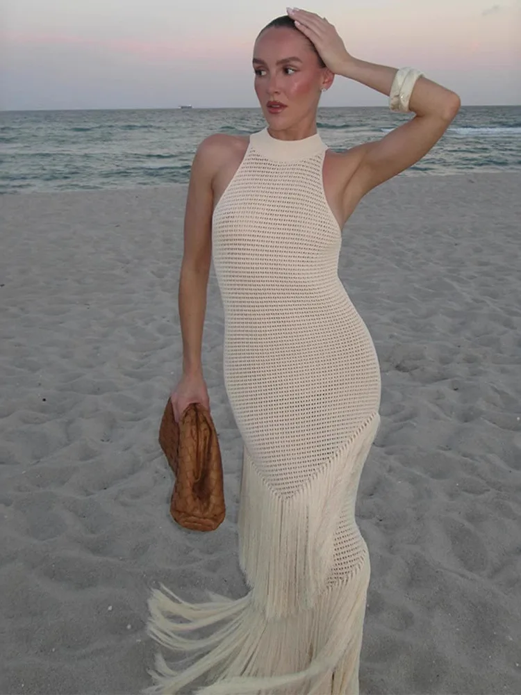 

Spring Summer Women's Pure Color Sexy Knitted Tassel Long Dress Vacation Style Knitted Vest Dress High Waist Long Skirt