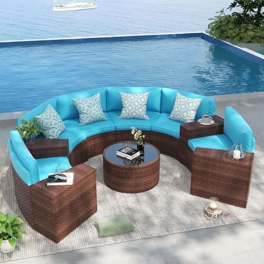 Half Moon Patio Furniture Sectional Set, Curved Outdoor Sofa, Turquoise Cushion All-Weather Wicker Chair and Round Coffee Table