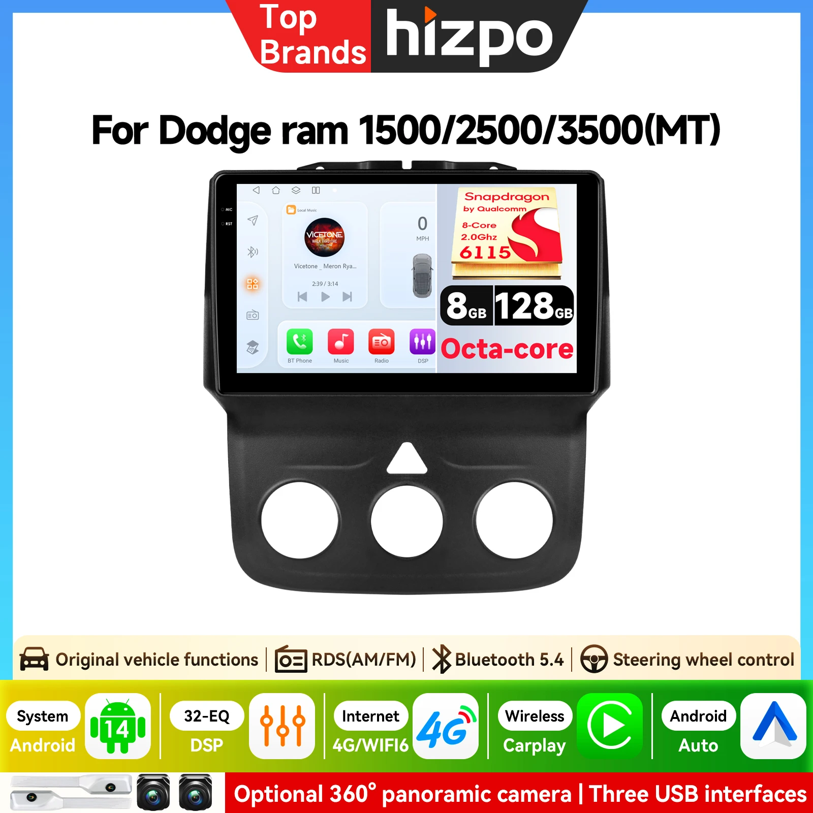 6115 Android für Dodge Ram 1500 2500 3500 Carplay Autoradio Multimedia-Navigation GPS Autoradio Stereo-Haupteinheit 2din RDS WIFI