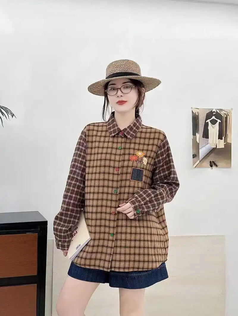 Japanese Mori Girl Vintage Plaid Embroidery Patchwork Cotton Shirts Women Autumn Turn Down Collar Long Sleeve Casual Blouse Tops