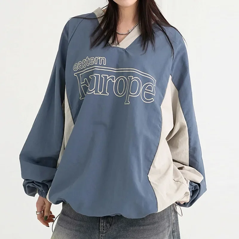 

Safari Style Letter Print Pacthwork Sweatshirts Women Casual Loose Drawstring V Neck Pullover Tops Korean Streetwear Sweatshirt