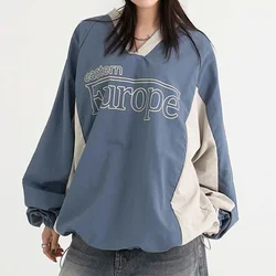 Safari Style Letter Print Pacthwork Sweatshirts Women Casual Loose Drawstring V Neck Pullover Tops Korean Streetwear Sweatshirt