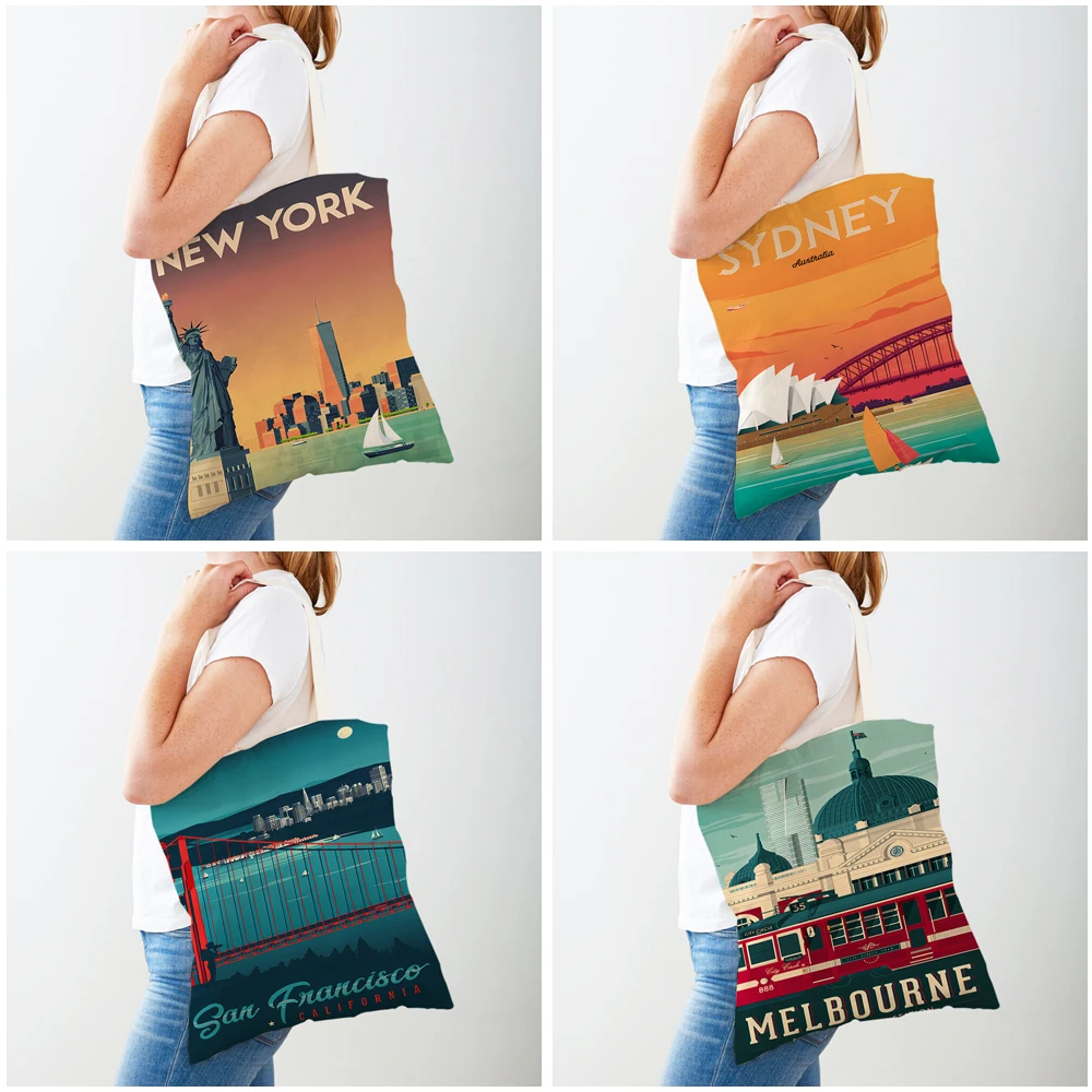 Cartoon City Travel Landscape Shopper Bags Tote Lady Handbag Both Sides New York London Madrid Casual Canvas Women Shopping Bag