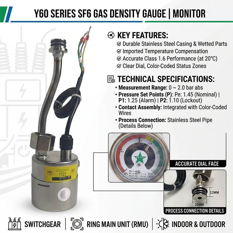 Y60 Series SF6 Gas Density Gauge SF6 Density Monitor for Sealed Container Ring Main Unit Switchgear Indoor Outdoor SF6