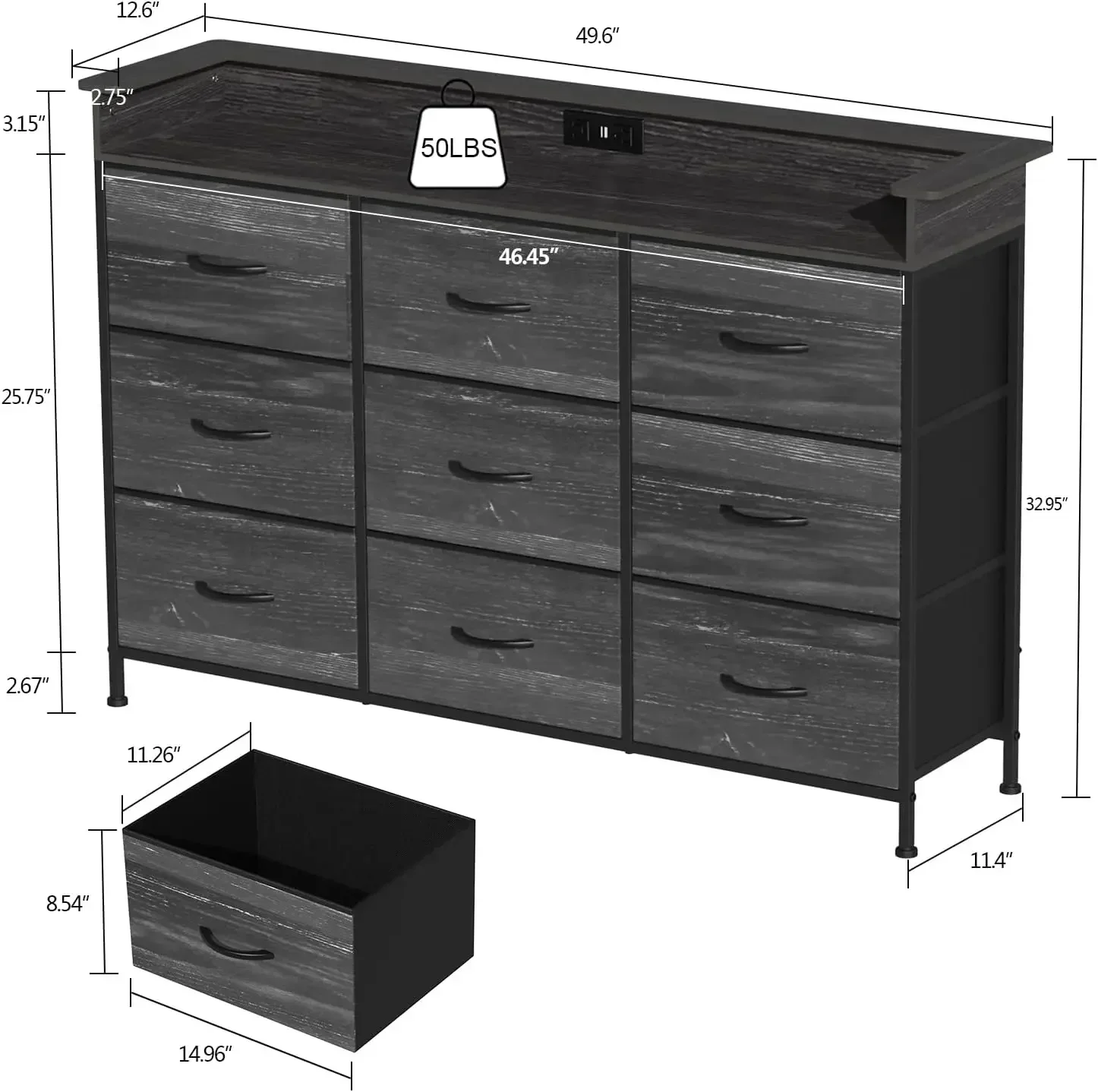 Black Dresser with Charging Station 9 Drawers Dresser with LED Light and USB Ports Fabric Dresser for Bedroom Hallway Entryway