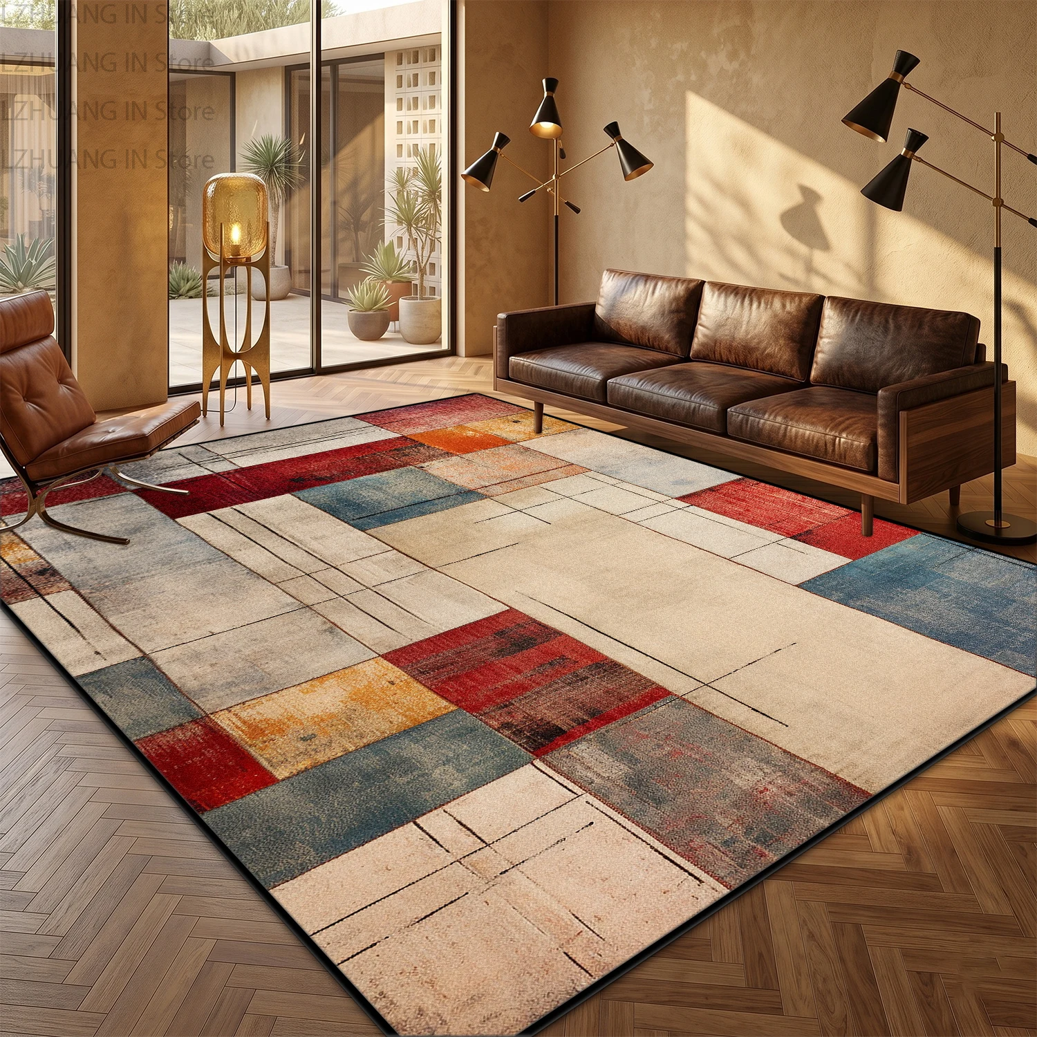 Geometric Retro Color Collision Washable Carpet Decoration Living Room Non-slip Rug Large Area Short Velvet Coffee Tables Mats