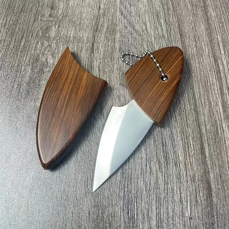 Mini D2 Blade EDC Keukenmes met houten handvat en houten schede Outdoor Camping Multifunctioneel uitpakmes