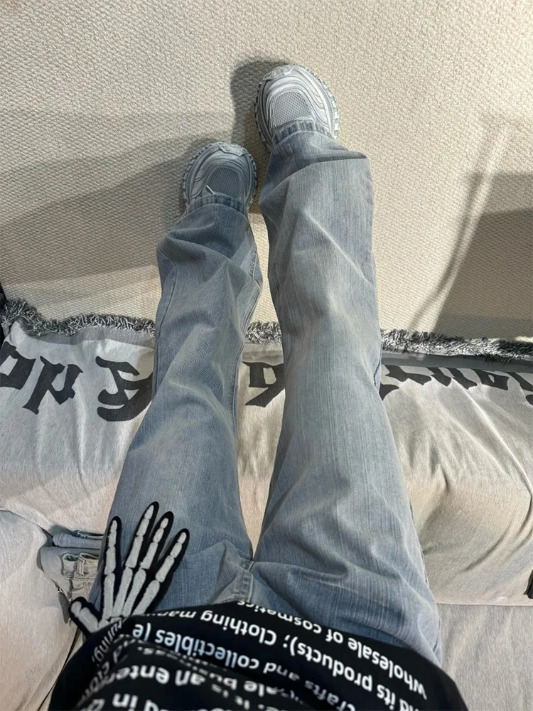 

Retro Blue Bamboo Node Waed Jeans Men's American High Street Vibe Flared Slimming Straight Leg Pants Youth Trend