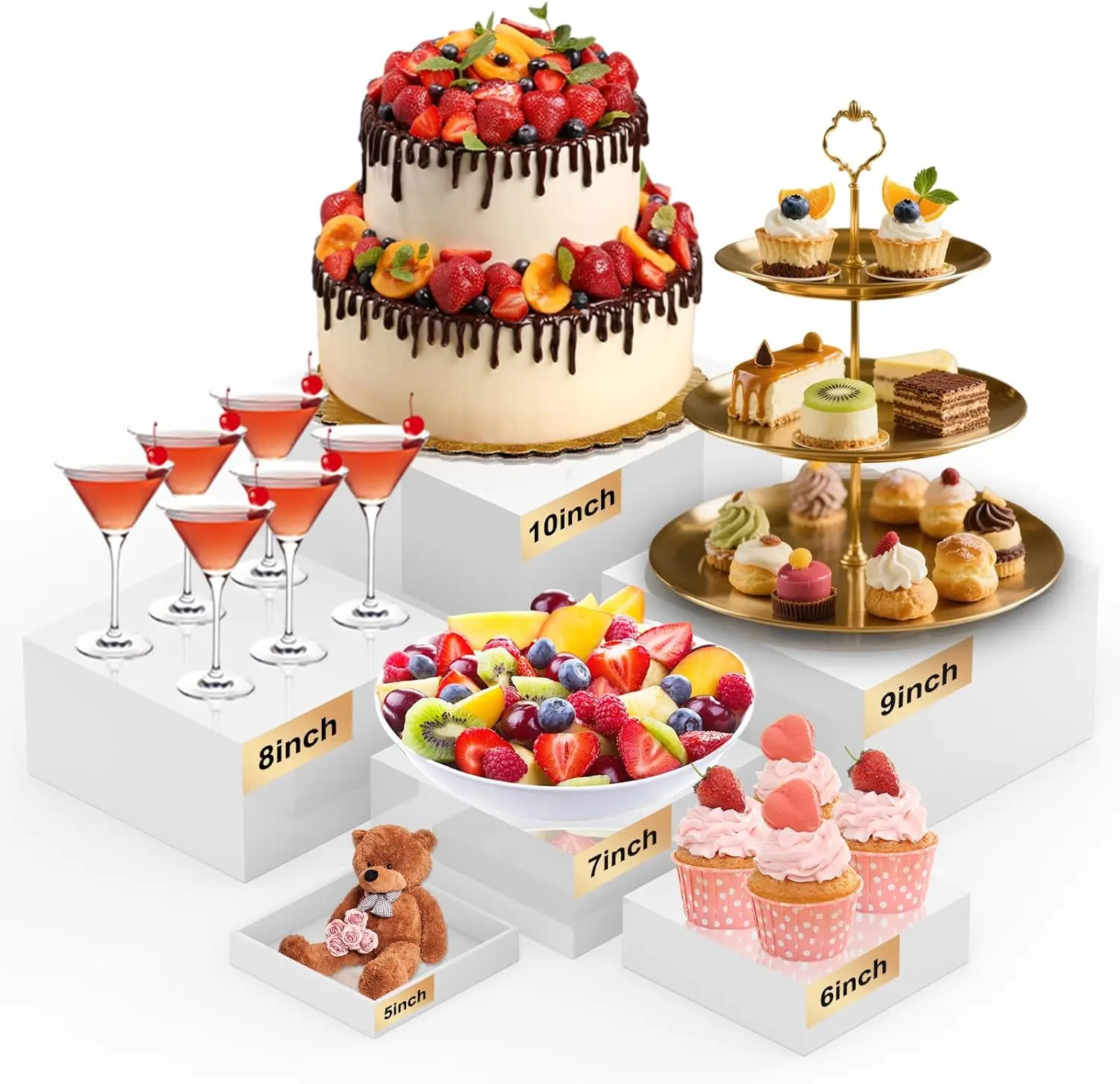 

Набор из 6 белых акриловых подставок для еды для фуршетов и десертных стоек, 5-10 дюймов