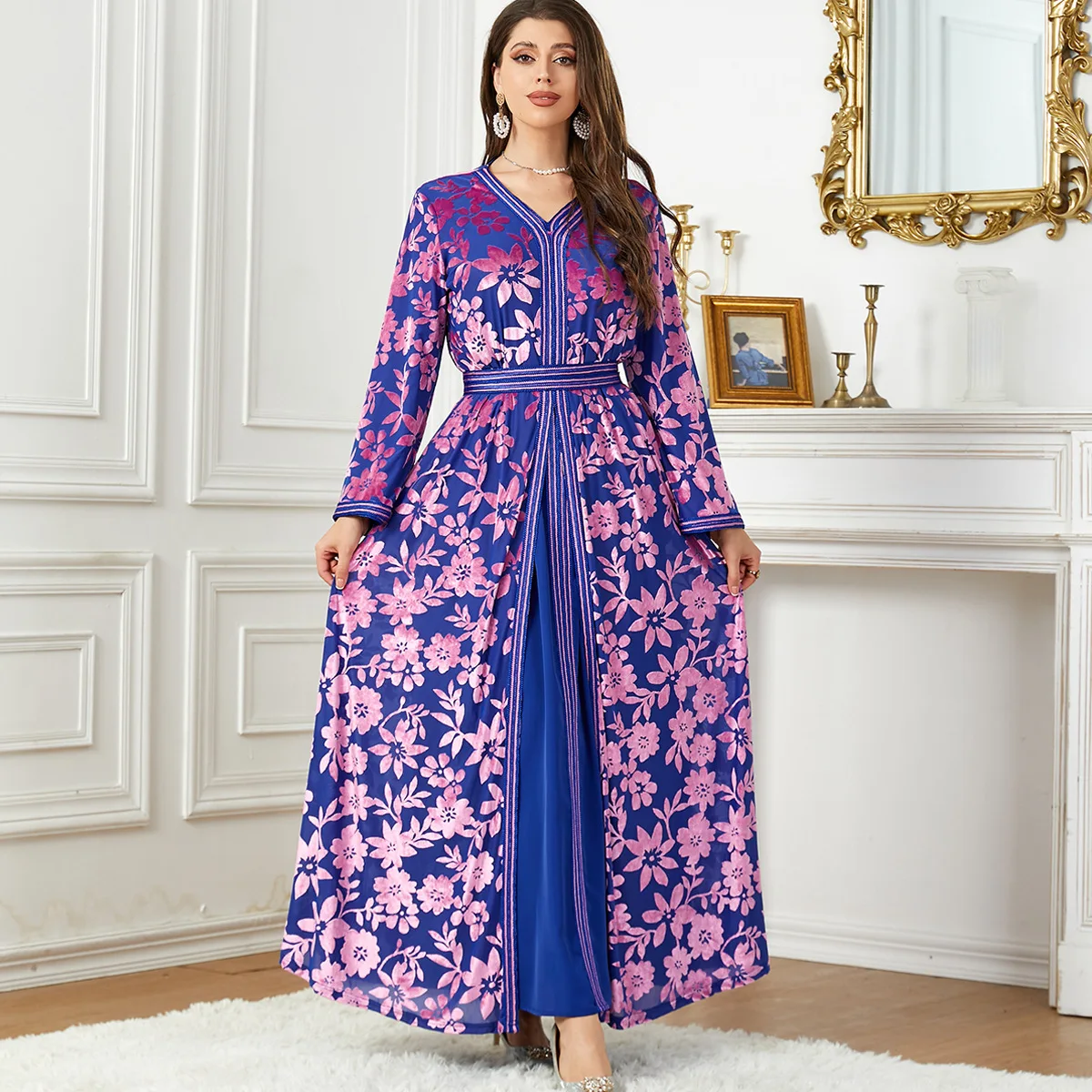 

Middle East Ramadan Saudi Arabia New Luxury Fashion Islamic Autumn/Winter Printed Velvet Two Piece Women's Dress Evening Dress