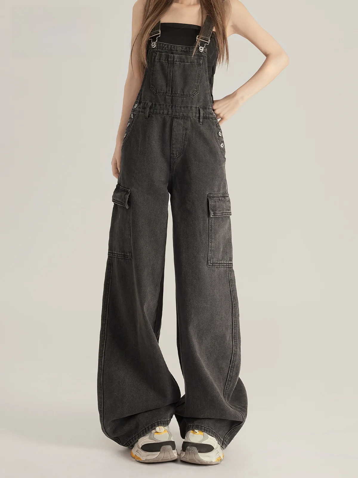 Retro'owe ogrodniczki jeansowe damskie na wiosnę i jesień, nowy model, szerokie nogawki, spodnie robocze, wysoki stan, zapinane na zamek, wygodne jeansy.