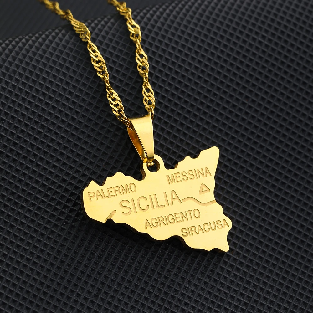 2022 New Italy Sicily Map With City Name Pendant Necklaces Gold Color Italian Sicilia Stainless Steel Jewelry For Women Gifts